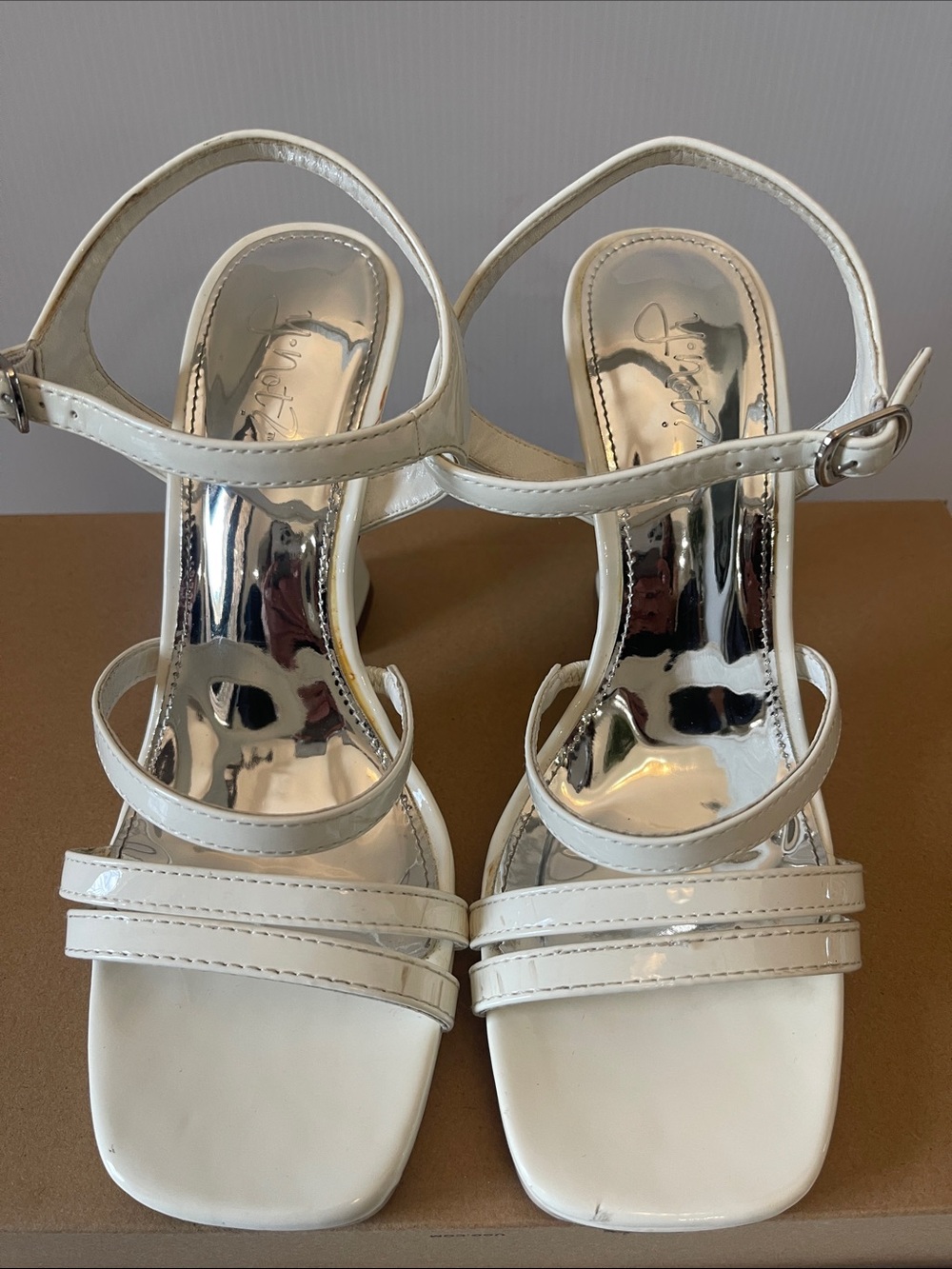 Y•Not?  White Strappy Square Toe High Heel Sandals Size 71/2